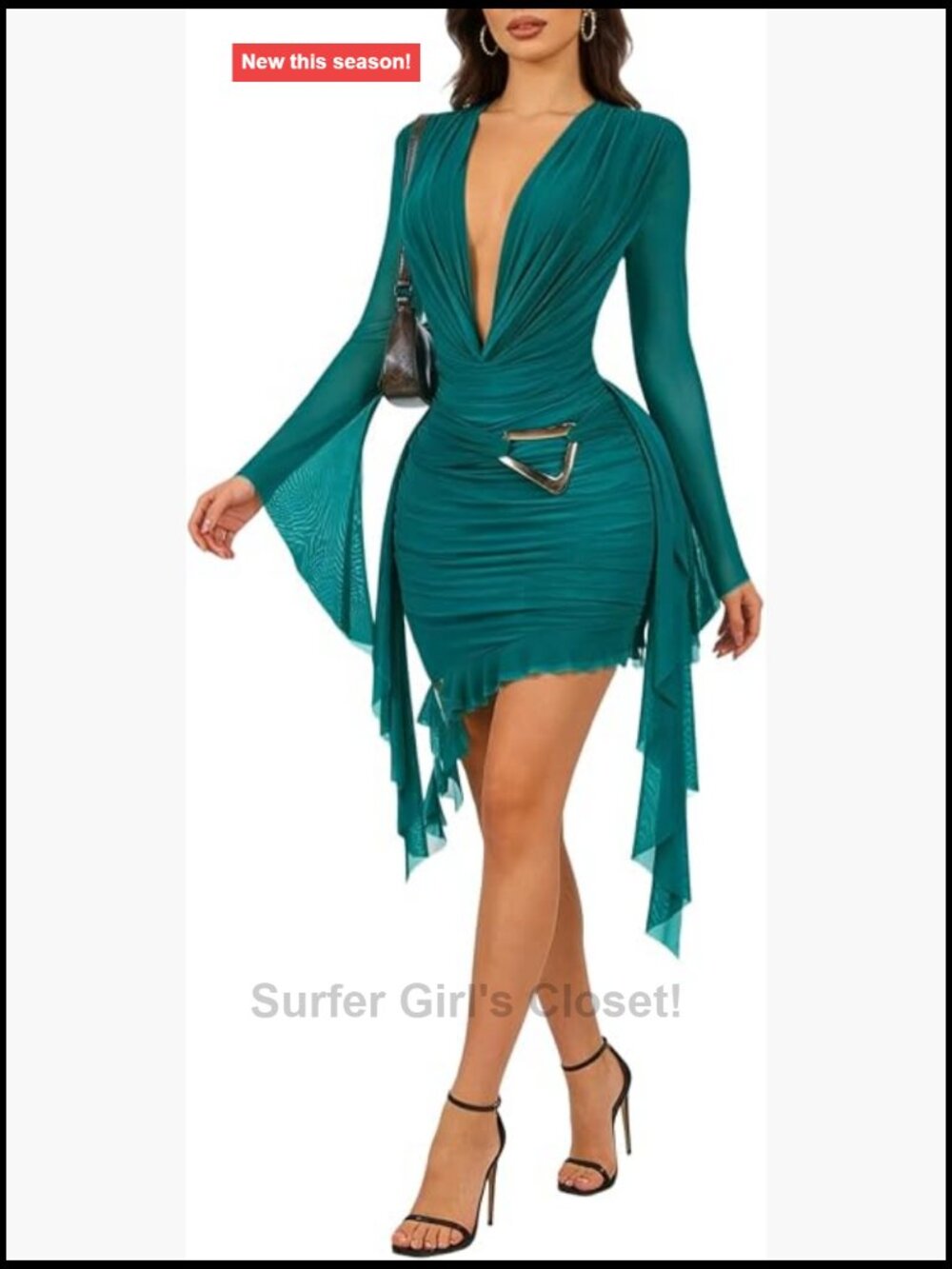 Sexy Deep V Neck Mesh Mini Dress Ruffle Bodycon Long Sleeve Night Out